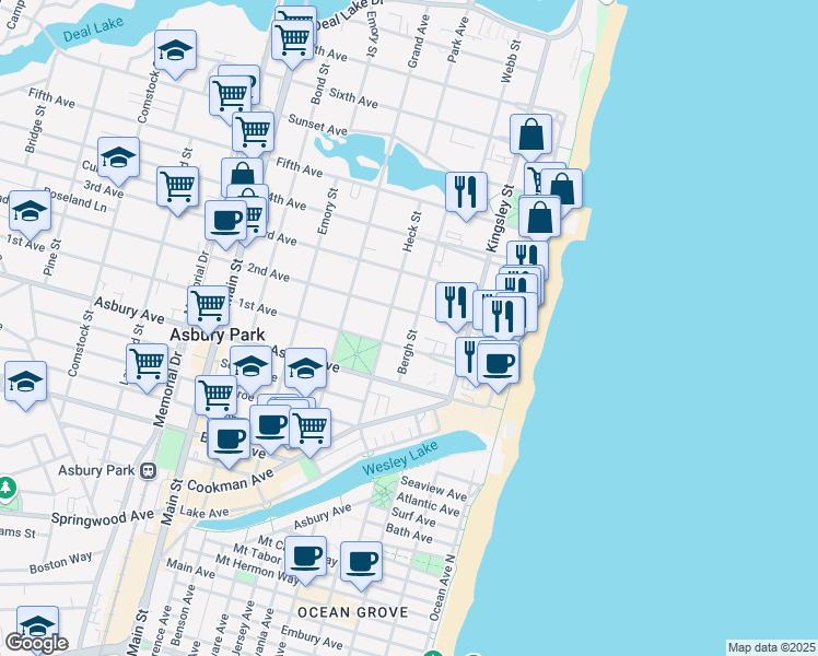 map of restaurants, bars, coffee shops, grocery stores, and more near 907 Bergh Street in Asbury Park