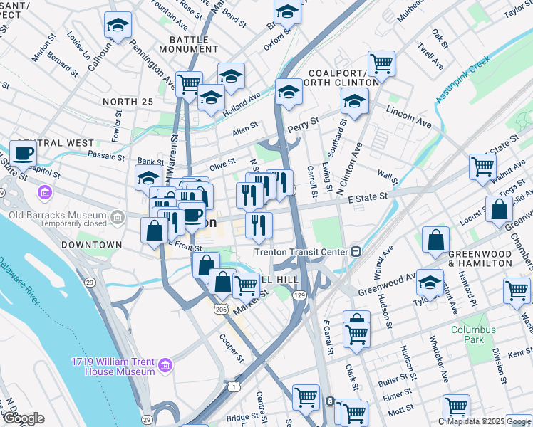 map of restaurants, bars, coffee shops, grocery stores, and more near 312 East State Street in Trenton