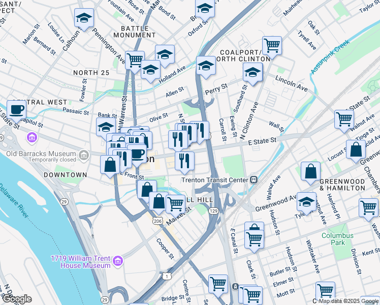 map of restaurants, bars, coffee shops, grocery stores, and more near  in Trenton