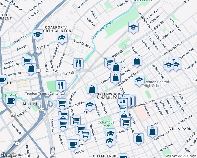 map of restaurants, bars, coffee shops, grocery stores, and more near 137 Walnut Avenue in Trenton
