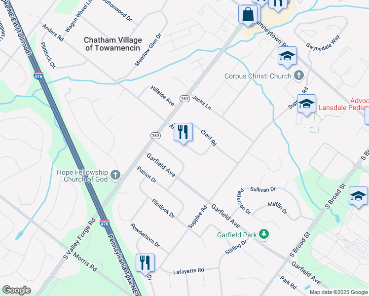 map of restaurants, bars, coffee shops, grocery stores, and more near 970 Anders Road in Lansdale