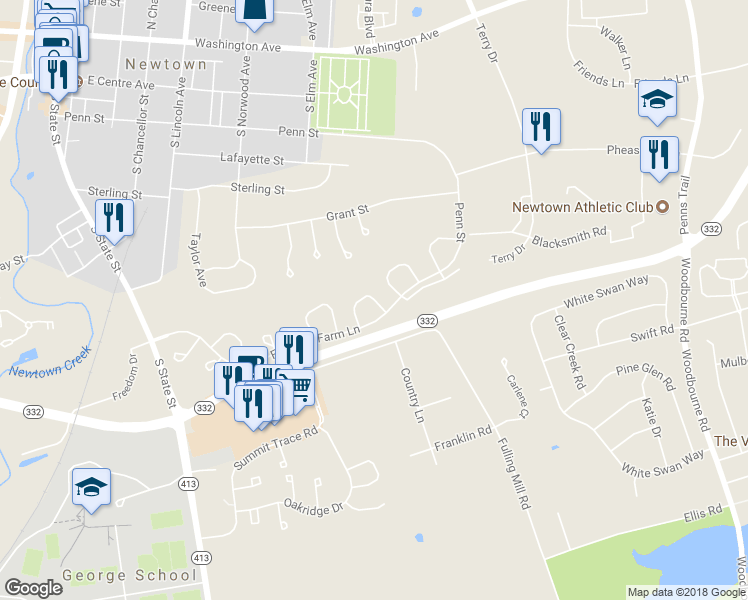 map of restaurants, bars, coffee shops, grocery stores, and more near 41 Gaylord Court in Newtown