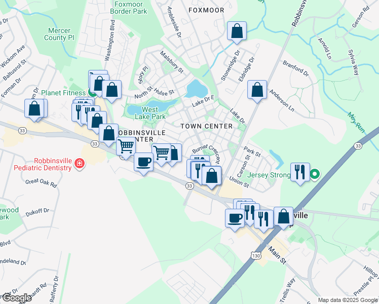 map of restaurants, bars, coffee shops, grocery stores, and more near 1236 Park Street in Robbinsville Township