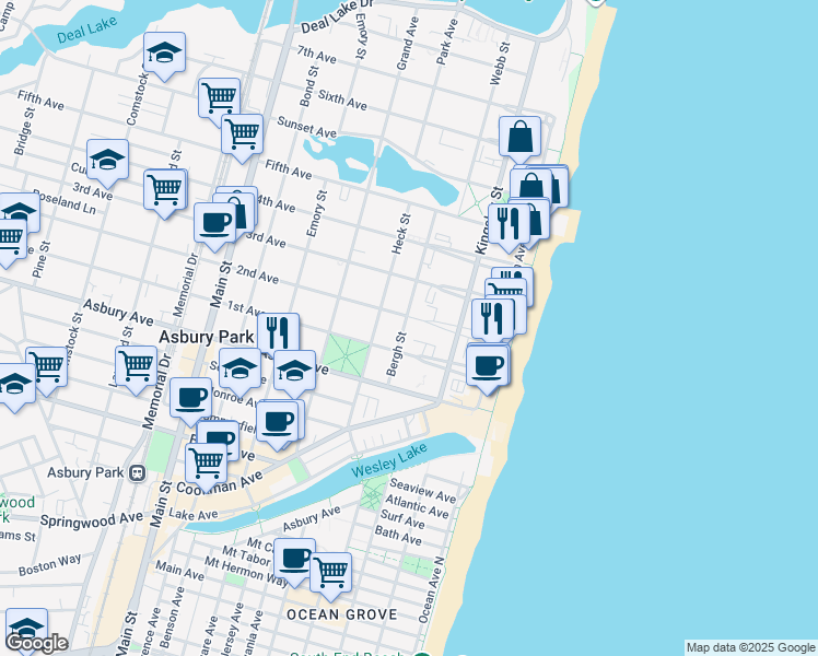 map of restaurants, bars, coffee shops, grocery stores, and more near 218 2nd Avenue in Asbury Park