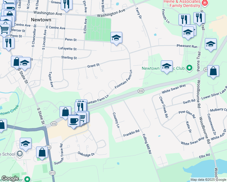 map of restaurants, bars, coffee shops, grocery stores, and more near 102 Fountain Farm Lane in Newtown