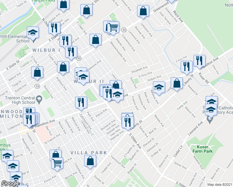 map of restaurants, bars, coffee shops, grocery stores, and more near 85 Hobart Avenue in Trenton
