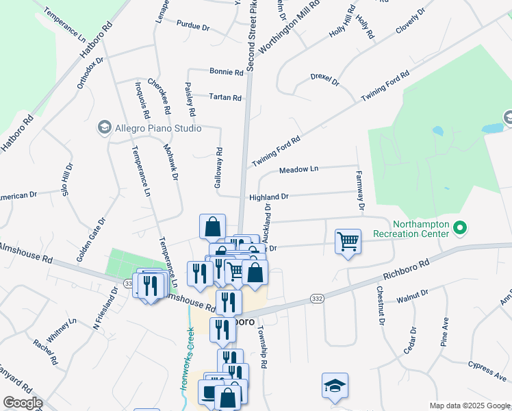 map of restaurants, bars, coffee shops, grocery stores, and more near 28 Highland Drive in Richboro