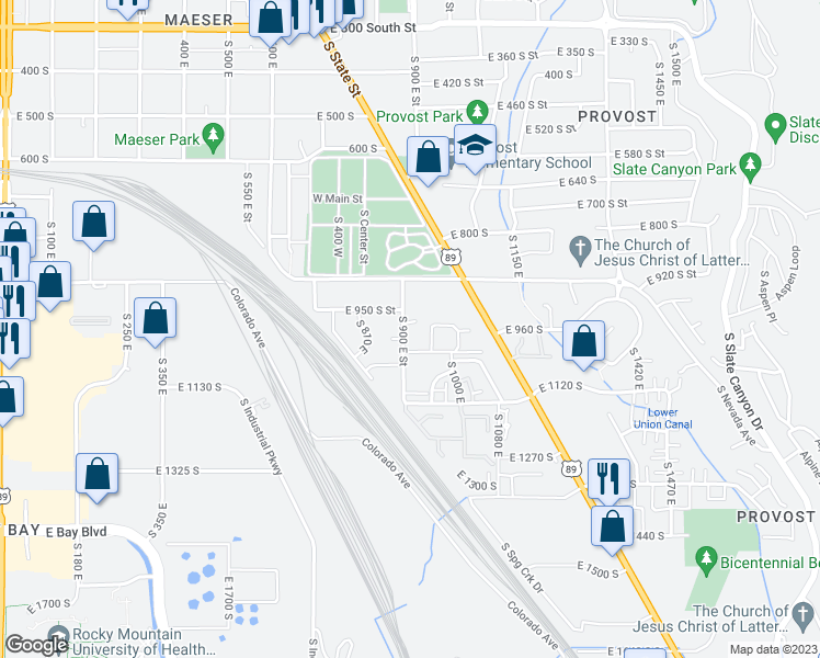 map of restaurants, bars, coffee shops, grocery stores, and more near 1015 South 900 East Street in Provo