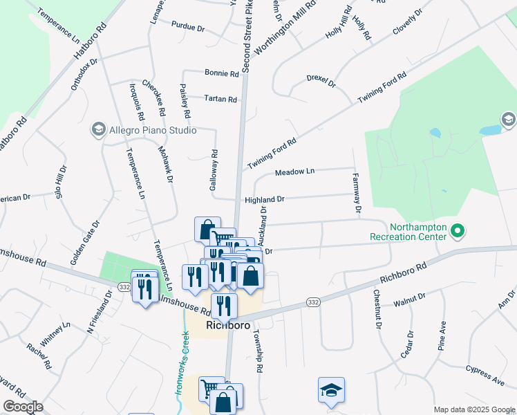 map of restaurants, bars, coffee shops, grocery stores, and more near 28 Highland Drive in Richboro