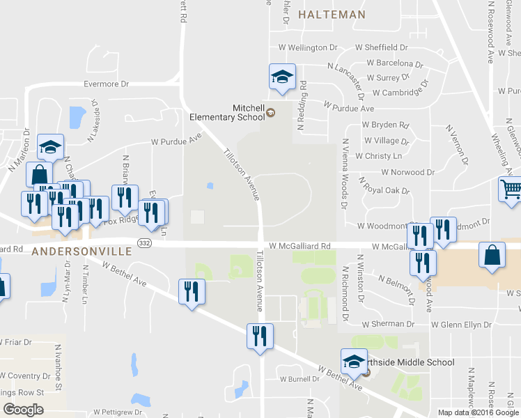 map of restaurants, bars, coffee shops, grocery stores, and more near 3460 North Tillotson Avenue in Muncie
