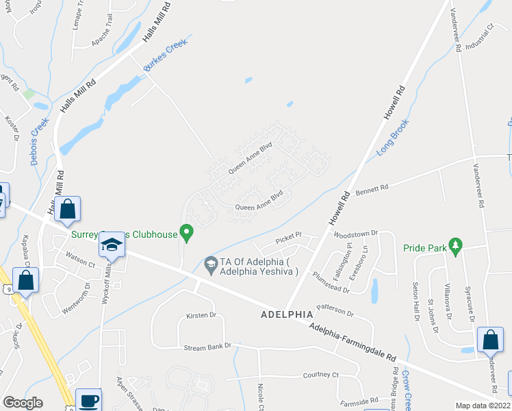 map of restaurants, bars, coffee shops, grocery stores, and more near 22 Linton Close in Freehold