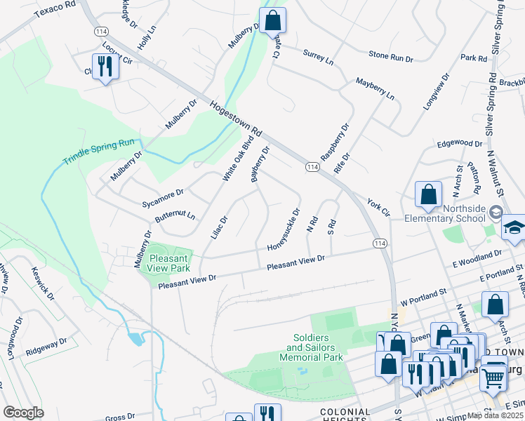 map of restaurants, bars, coffee shops, grocery stores, and more near 38 Bayberry Drive in Mechanicsburg