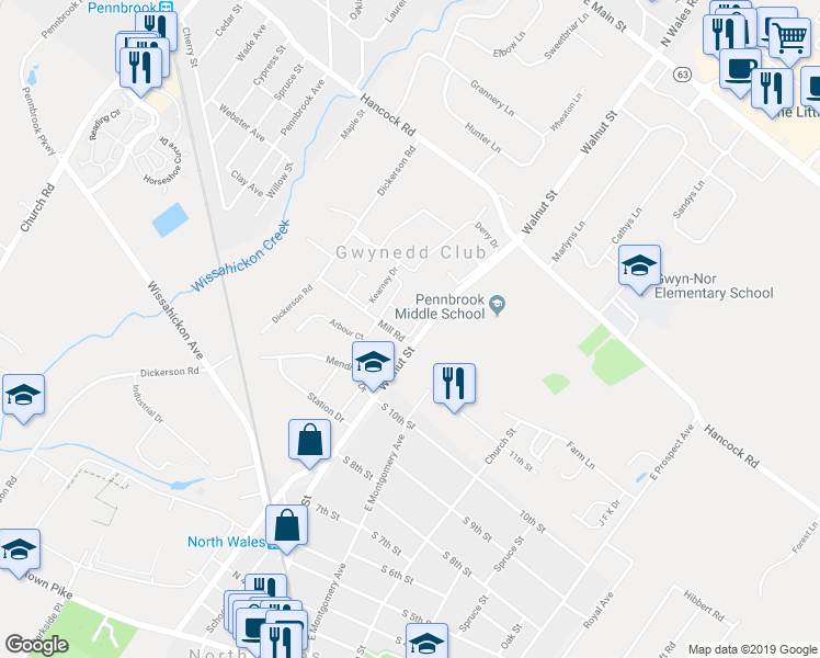 map of restaurants, bars, coffee shops, grocery stores, and more near 211 Arbour Court in North Wales