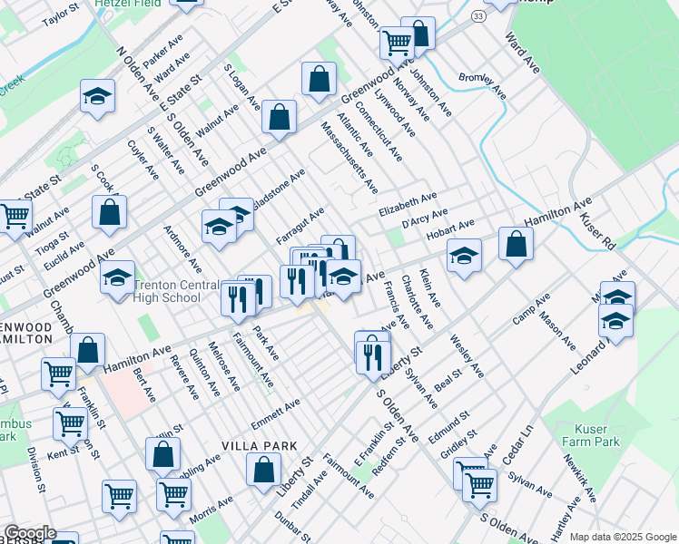map of restaurants, bars, coffee shops, grocery stores, and more near 83 Hobart Avenue in Trenton