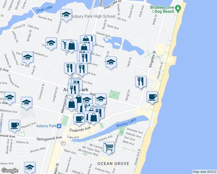 map of restaurants, bars, coffee shops, grocery stores, and more near 905 Grand Avenue in Asbury Park