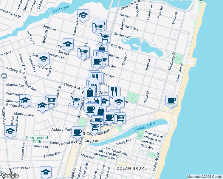 map of restaurants, bars, coffee shops, grocery stores, and more near 614 1st Avenue in Asbury Park