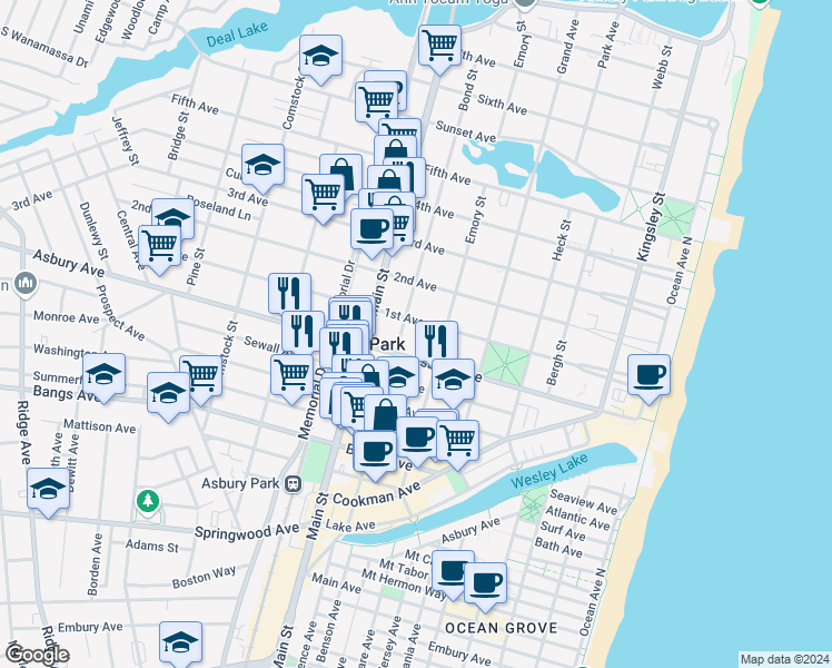 map of restaurants, bars, coffee shops, grocery stores, and more near 614 1st Avenue in Asbury Park
