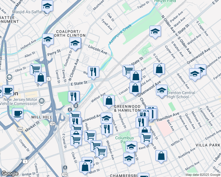 map of restaurants, bars, coffee shops, grocery stores, and more near 325 Monmouth Street in Trenton