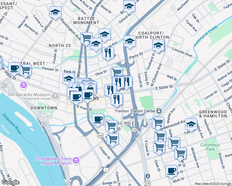 map of restaurants, bars, coffee shops, grocery stores, and more near 312 East State Street in Trenton