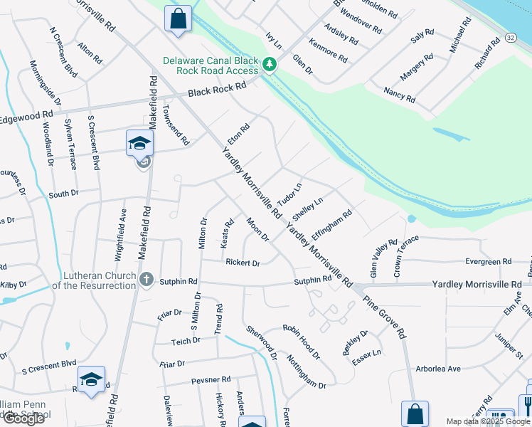 map of restaurants, bars, coffee shops, grocery stores, and more near 1609 Yardley Morrisville Road in Yardley