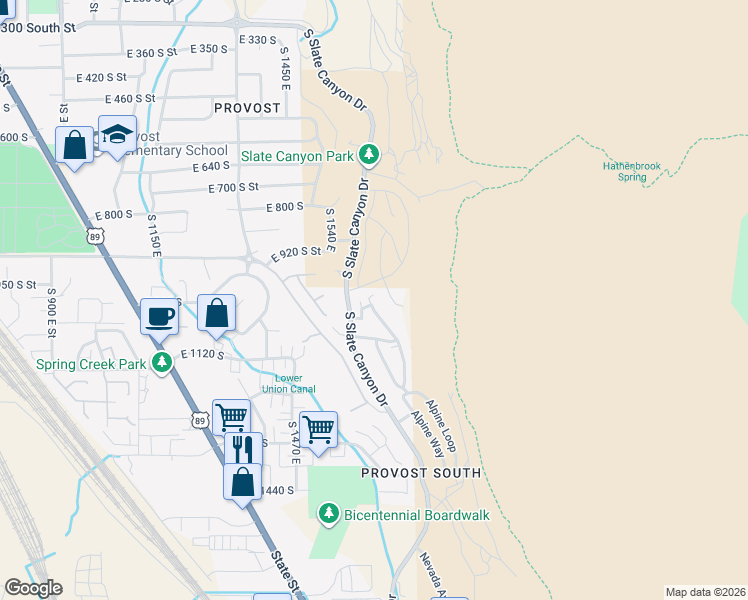 map of restaurants, bars, coffee shops, grocery stores, and more near 1015 Canyon Meadow Drive in Provo