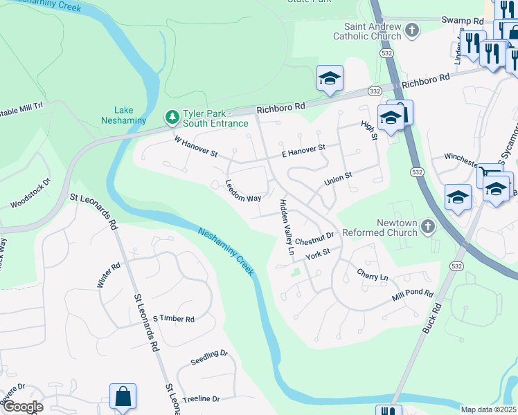 map of restaurants, bars, coffee shops, grocery stores, and more near 296 Leedom Way in Newtown