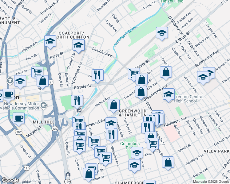 map of restaurants, bars, coffee shops, grocery stores, and more near 325 Monmouth Street in Trenton