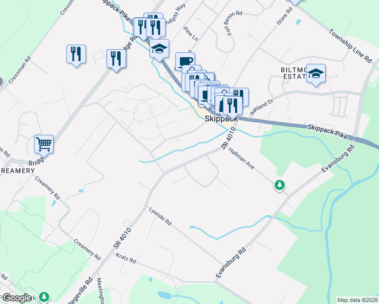 map of restaurants, bars, coffee shops, grocery stores, and more near 1198 Mensch Road in Skippack