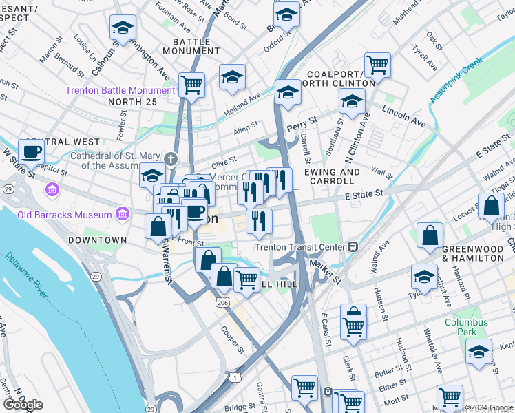 map of restaurants, bars, coffee shops, grocery stores, and more near 232 East State Street in Trenton
