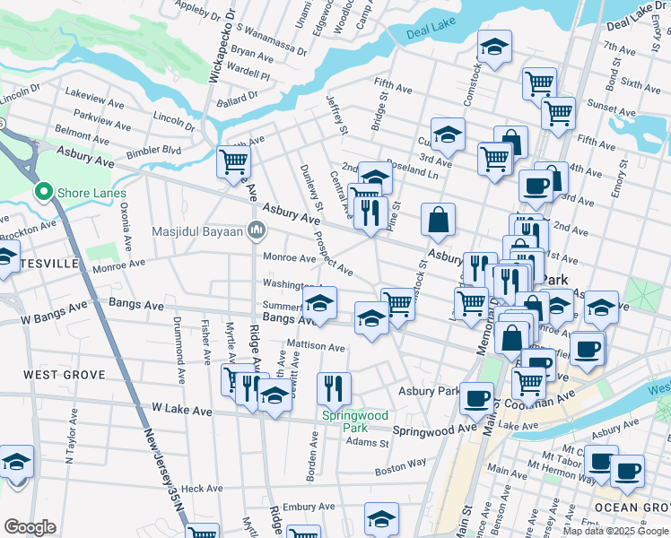 map of restaurants, bars, coffee shops, grocery stores, and more near 530 Prospect Avenue in Asbury Park