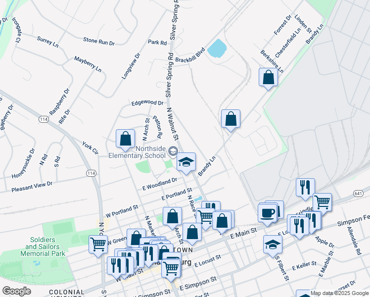 map of restaurants, bars, coffee shops, grocery stores, and more near 815 Old Silver Springs Road in Mechanicsburg
