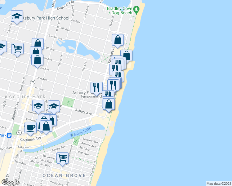 map of restaurants, bars, coffee shops, grocery stores, and more near 1000 Ocean Avenue in Asbury Park