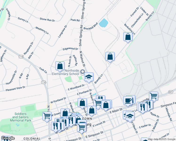 map of restaurants, bars, coffee shops, grocery stores, and more near 815 Old Silver Springs Road in Mechanicsburg
