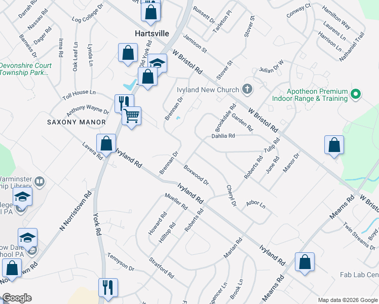 map of restaurants, bars, coffee shops, grocery stores, and more near 1214 Dahlia Road in Warminster