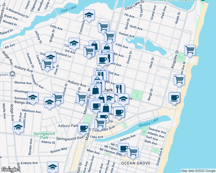 map of restaurants, bars, coffee shops, grocery stores, and more near 807 Bond Street in Asbury Park