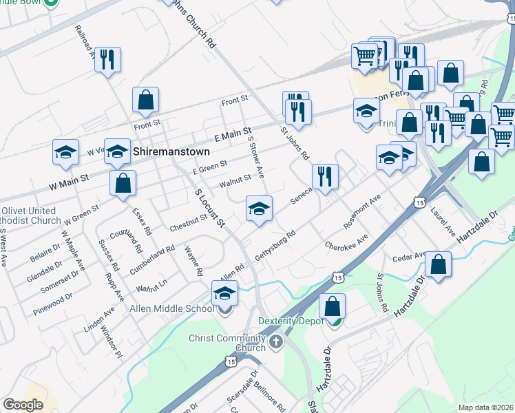 map of restaurants, bars, coffee shops, grocery stores, and more near 214 East Chestnut Street in Shiremanstown