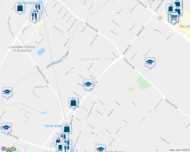 map of restaurants, bars, coffee shops, grocery stores, and more near 219 Arbour Court in North Wales