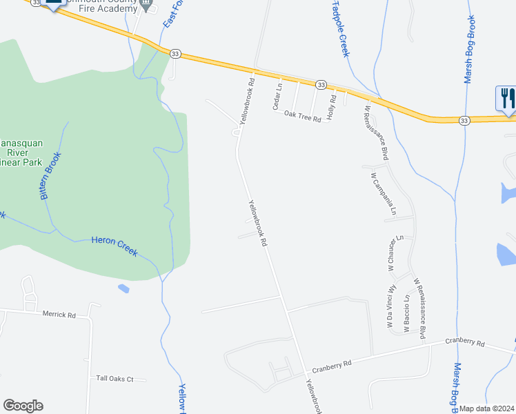 map of restaurants, bars, coffee shops, grocery stores, and more near 40 Yellowbrook Road in Freehold