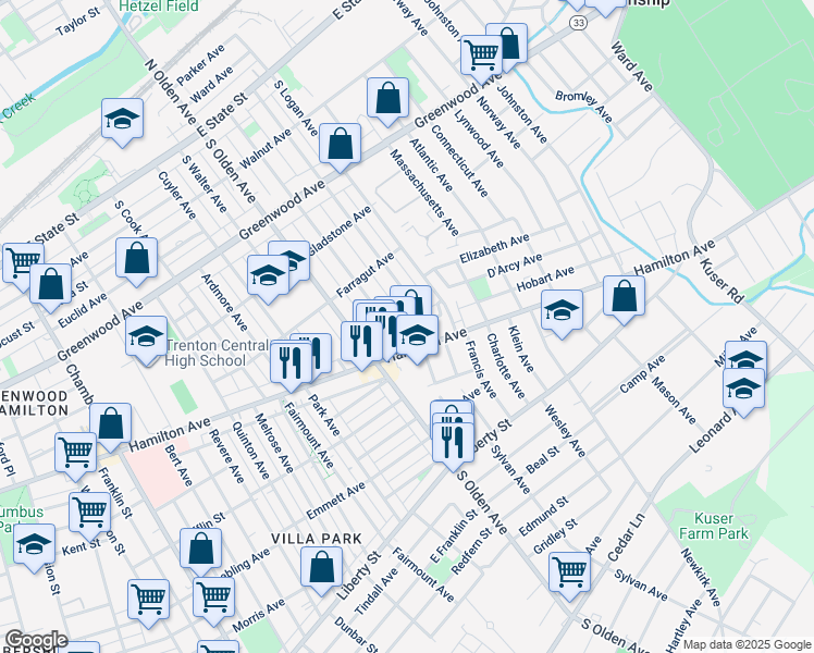 map of restaurants, bars, coffee shops, grocery stores, and more near 66 Hobart Avenue in Trenton