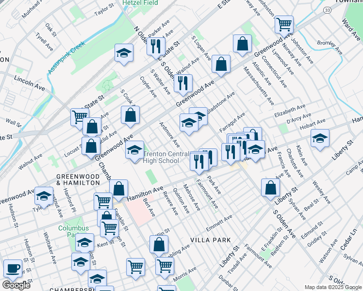 map of restaurants, bars, coffee shops, grocery stores, and more near 327 Cuyler Avenue in Trenton
