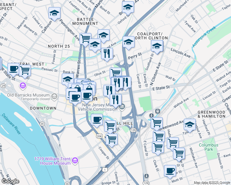 map of restaurants, bars, coffee shops, grocery stores, and more near 312 East State Street in Trenton