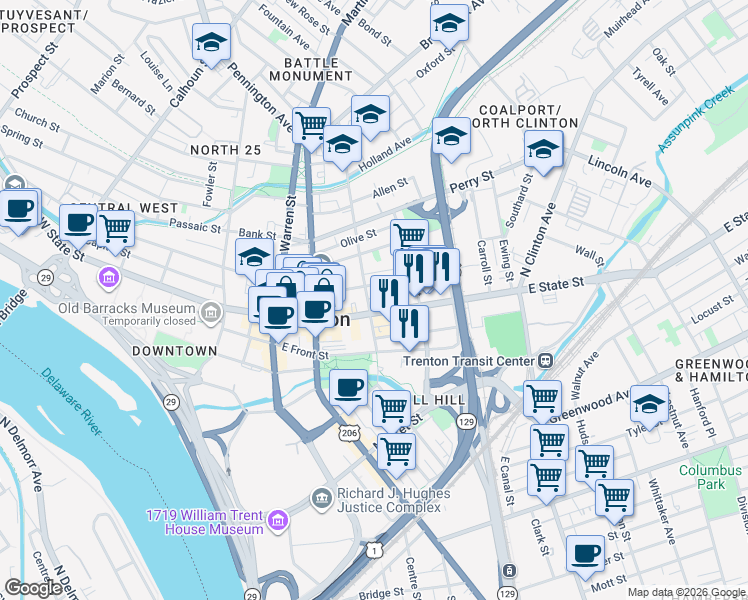 map of restaurants, bars, coffee shops, grocery stores, and more near in Trenton