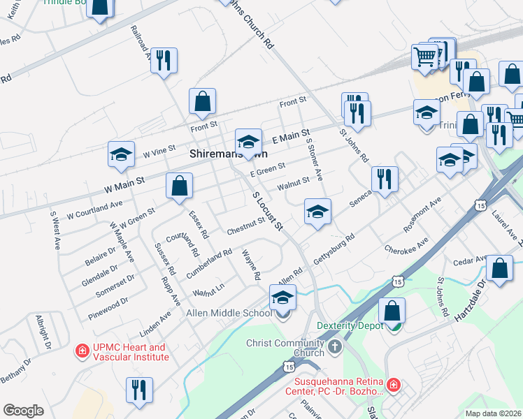 map of restaurants, bars, coffee shops, grocery stores, and more near 124 South Locust Street in Shiremanstown