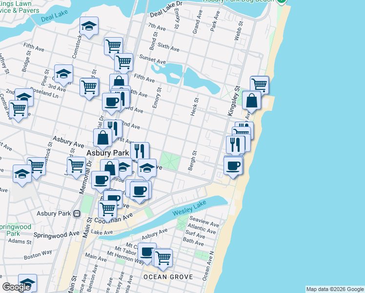 map of restaurants, bars, coffee shops, grocery stores, and more near 406 2nd Avenue in Asbury Park