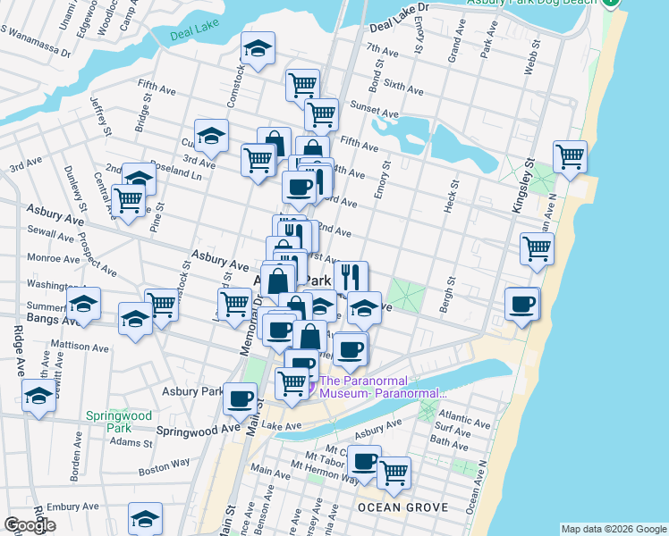 map of restaurants, bars, coffee shops, grocery stores, and more near 614 1st Avenue in Asbury Park