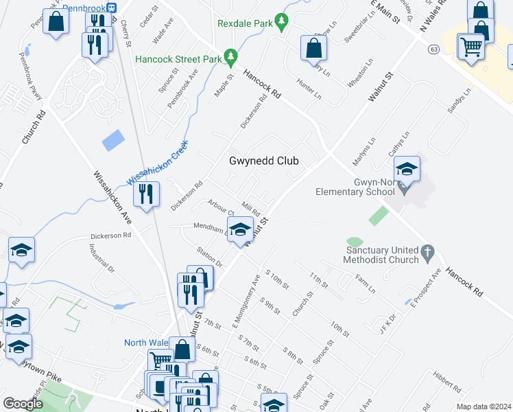 map of restaurants, bars, coffee shops, grocery stores, and more near 218 Arbour Court in North Wales