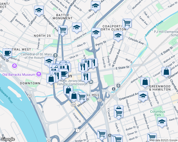 map of restaurants, bars, coffee shops, grocery stores, and more near 302 East State Street in Trenton