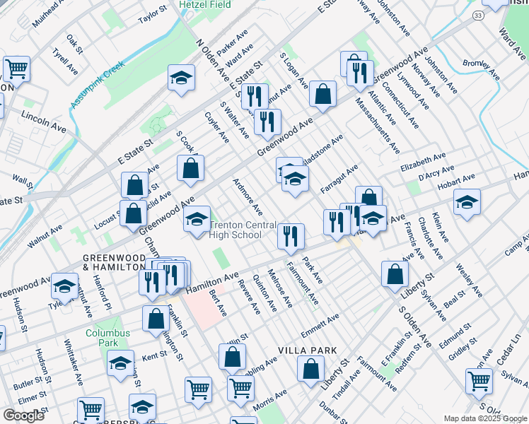 map of restaurants, bars, coffee shops, grocery stores, and more near 316 Ardmore Avenue in Trenton