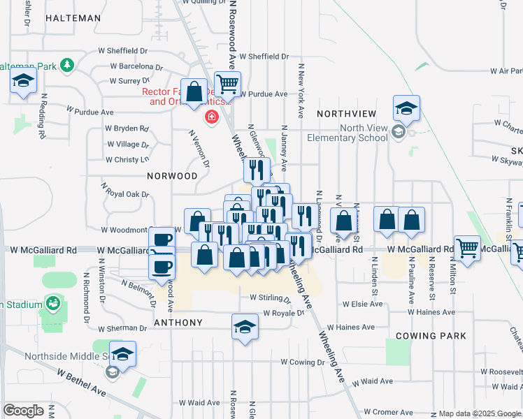 map of restaurants, bars, coffee shops, grocery stores, and more near 3425 Wheeling Avenue in Muncie
