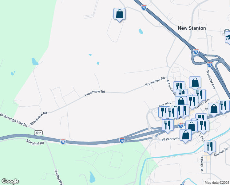 map of restaurants, bars, coffee shops, grocery stores, and more near 182 Broadview Road in New Stanton
